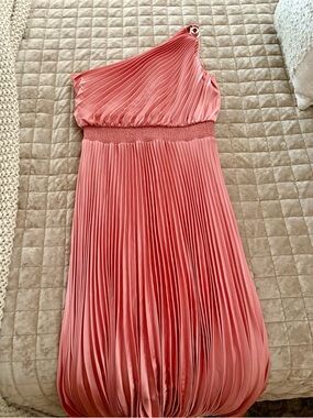 White House Black Market One-Shoulder Pleated Midi Dress in Coral Pink